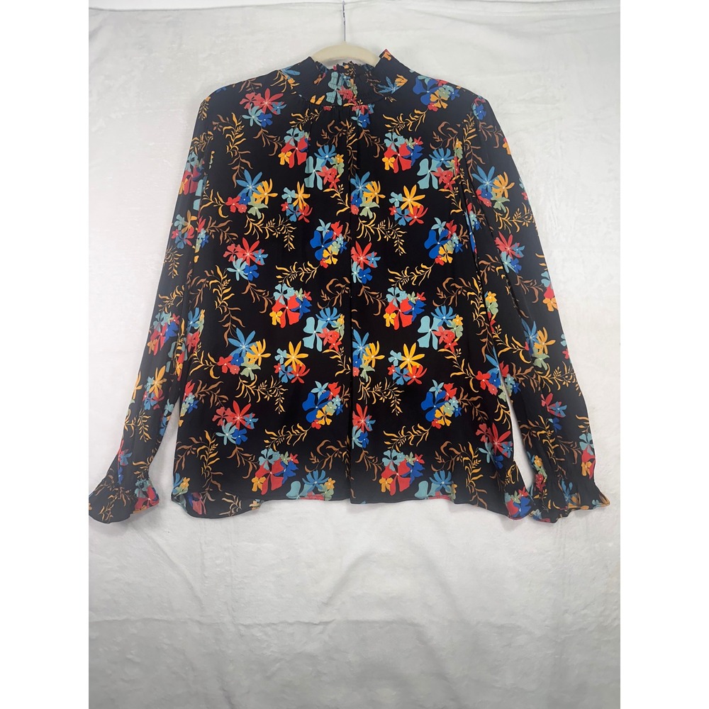Tucker Floral Smocked Mock Neck Blouse L Black Multicolor Long Sleeve Womens